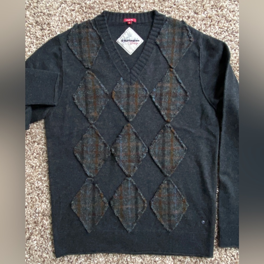 Burlington Heritage wool jumper V-neck grey patchwork Button men's S